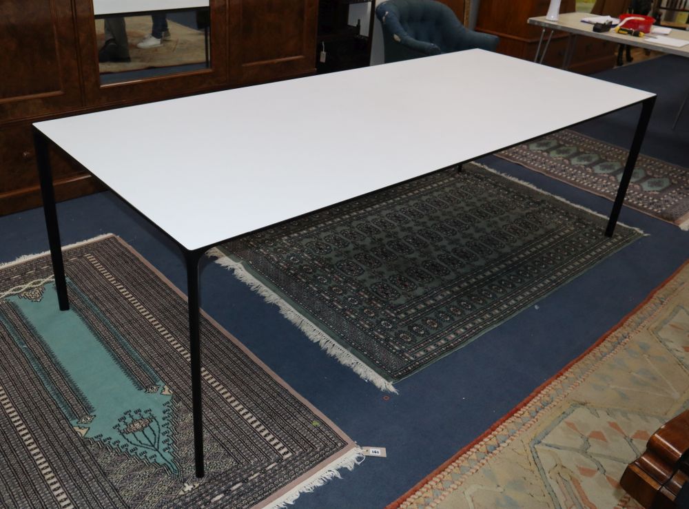 Conran Contract. A rectangular white laminate table on black powder coated frame, W.240cm, W.90cm, H.75cm